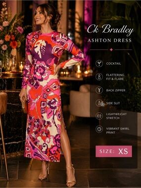 Ck Bradley Ashton Dress XS Pink Purple Swirl Long Sleeve Slit